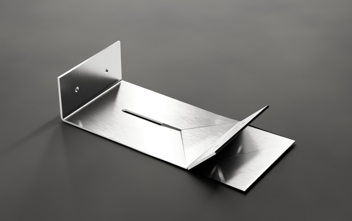 Fotorealistische weergave van een aluminium beugel van 4 mm met links een rechte opstaande flens en rechts een flens die 45 graden omhoog staat