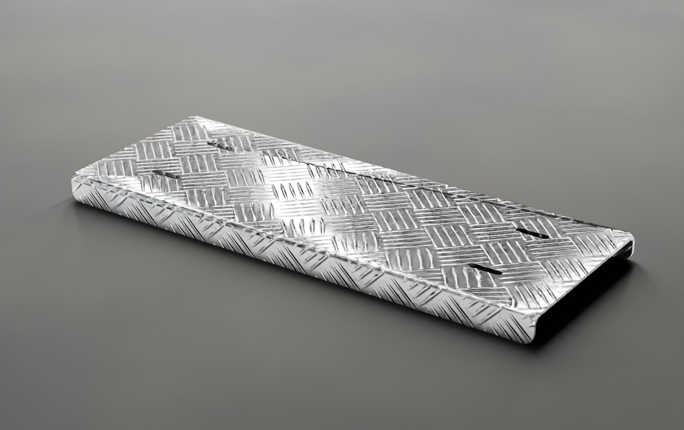Fotorealistische weergave van een trede van aluminium traanplaat met het patroon boven en aan voor- en achterkant een omlaag gezette rand